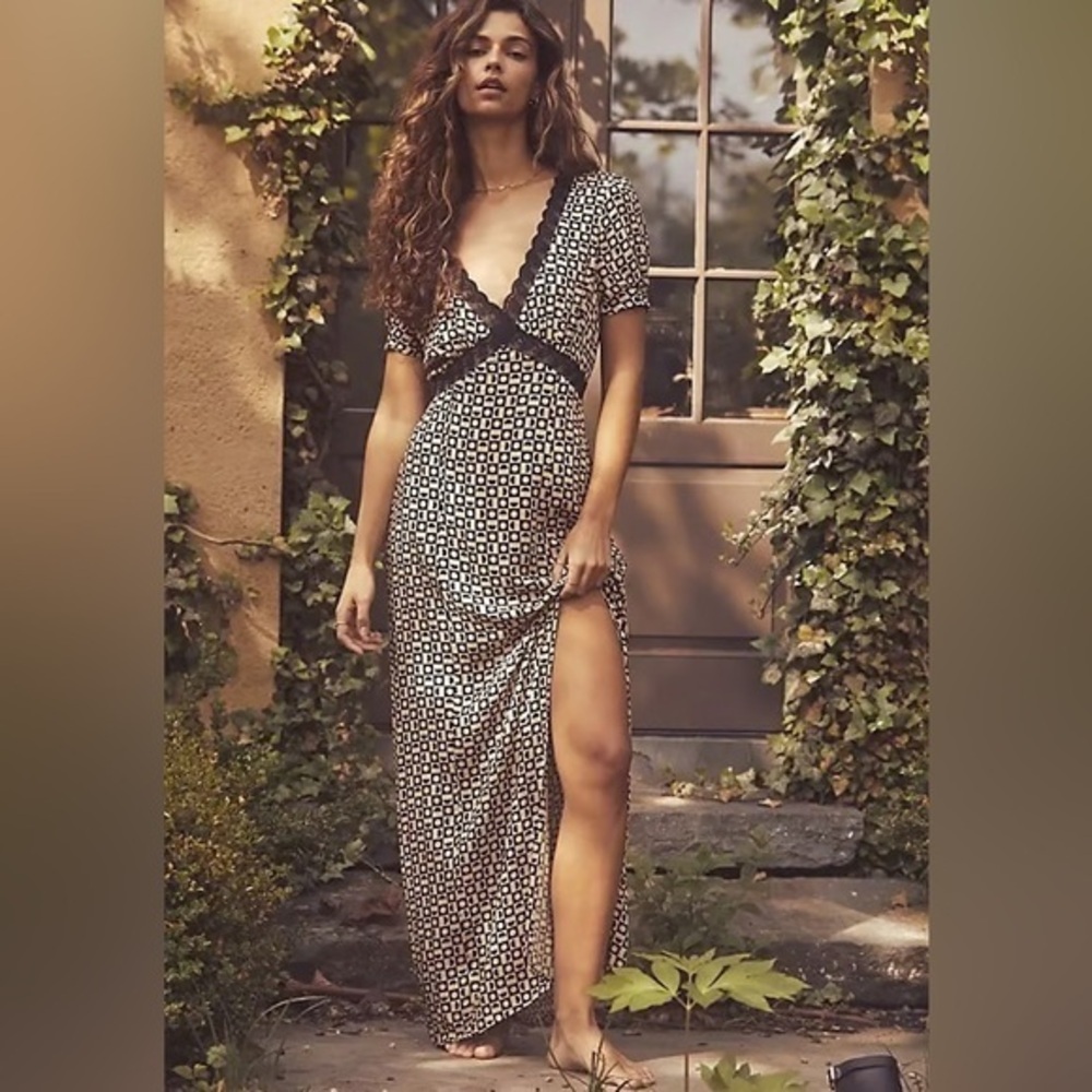 NWT Free People Marley Maxi Dress Beige Combo V Neck Boho Side Slit Womens Small